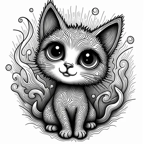 IMG_6371.CR2: Create a black and white hatching drawing of a cat, blending psychedelic and retro wave aesthetics. The cat features intricate linework, with flowing, abstract patterns across its fur that evoke trippy, mind-bending visuals. Its eyes are wide...