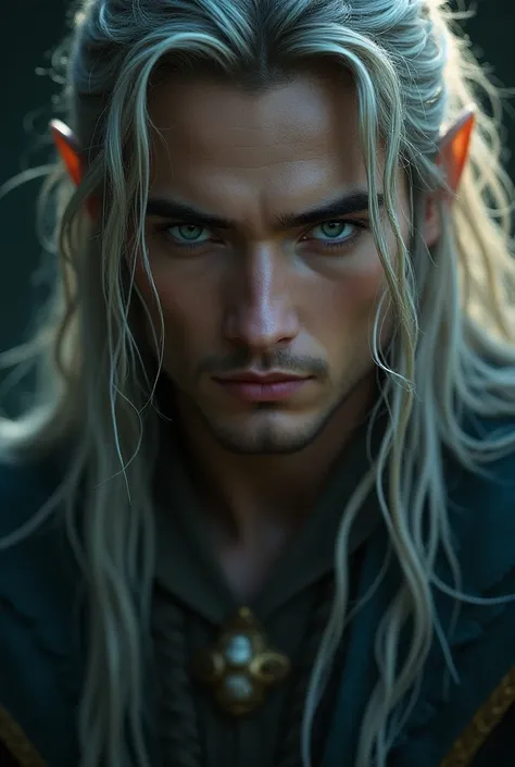 Portrait of a male with piercing eyes an  long hair with elven style clothes and glow