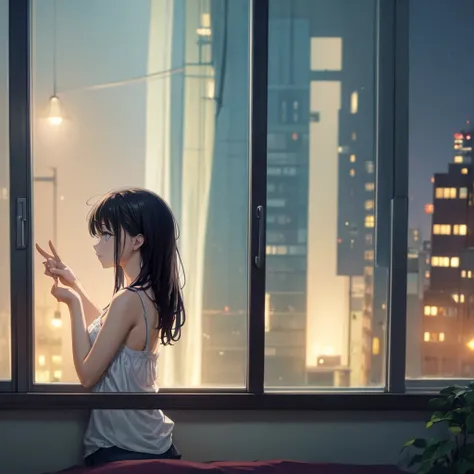 beautiful girl listening to music in her room, looking at the city from her window at night, relaxed atmosphere, lofi style music