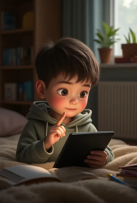 Boy pointing at a tablet 