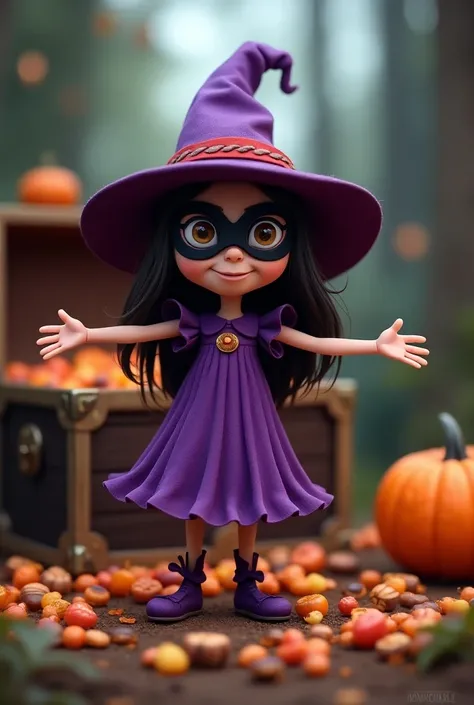 Decor d’Halloween  avec une petite sorciere comique elle porte un masque sur les yeux. Elle porte une robe violet. La sorciere ouvre un coffre rempli d￼e bonbons. 