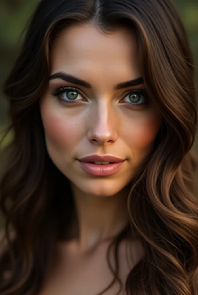 Beautiful brunette white woman long hair smooth thick lip in portrait (éloigner)
