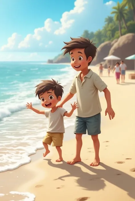 a dad an his son have fun at beach
more realistic 
