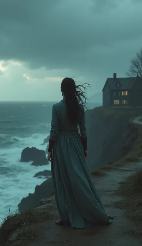 A young woman stands alone at the edge of a cliff, overlooking a vast, stormy ocean. The wind tugs at her long, tattered cloak, and her hair flows wildly in the cold air. Dark clouds gather overhead, and distant thunder rumbles as waves crash against the j...