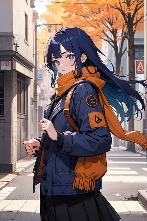  score_9_up,score_8_up, female, solo, dark blue hair, narrowed eyes, long hair, scarf, violet, looking at viewer, autumn, (down jacket), scarf, skirt, street, (pose), 