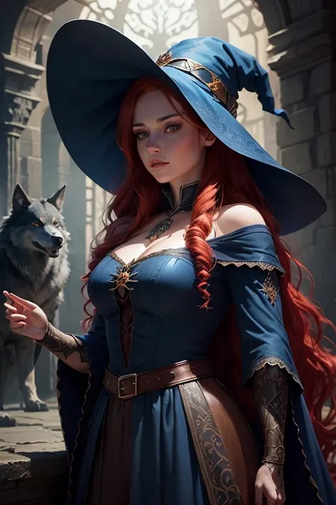 a beautiful redheaded woman with long wavy hair, wearing a witchs hat and a medieval blue dress, accompanied by a wolf, highly detailed, intricate, photorealistic, dramatic lighting, fantasy art, digital painting, vibrant colors, cinematic composition