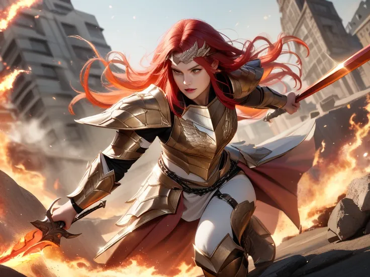 Imagen realistic de mujer, with very white skin,  abundant wavy red hair with fire at the tips of her hair,  the wind moves her hair , half confident smile, glare, threatening and fixed ,  chains with open legs in a challenging pose and with brand-new drag...