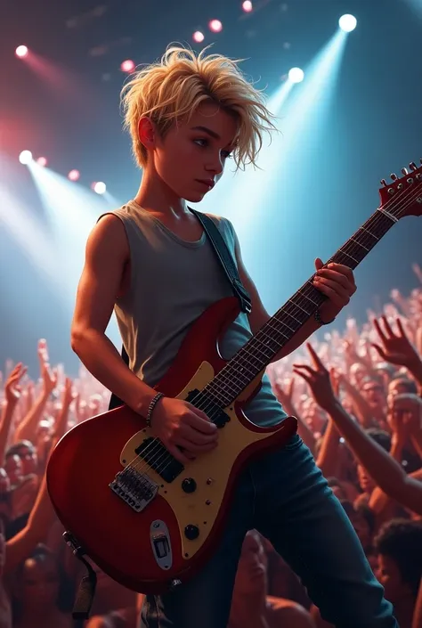 A blond teenage boy playing a rock guitar in front of a large audience on stage 