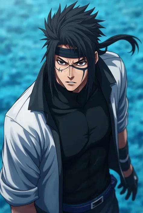  An anime character with a scar crossing his eye and nose and he wears a black band on his head and his clothes are half black and half white. And underneath that outfit he wears a long sleeve black shirt .  The background is a training ground with blue sy...