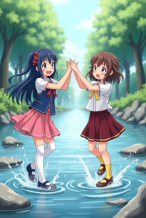 Anime 2 girl with soaked clothes walking in the water splashing water at each other, one girl with blue black long hair, white blouse with red ribbon, pink skirt, blue vest, white long socks dark blue mary janes, in wide stream with stones, one girl with b...