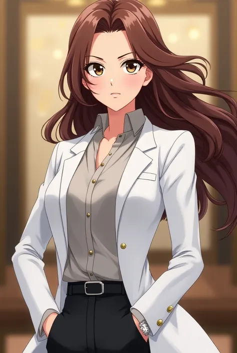 Create the anime image of a brown-haired woman in a white coat. Shes the head of an organization  