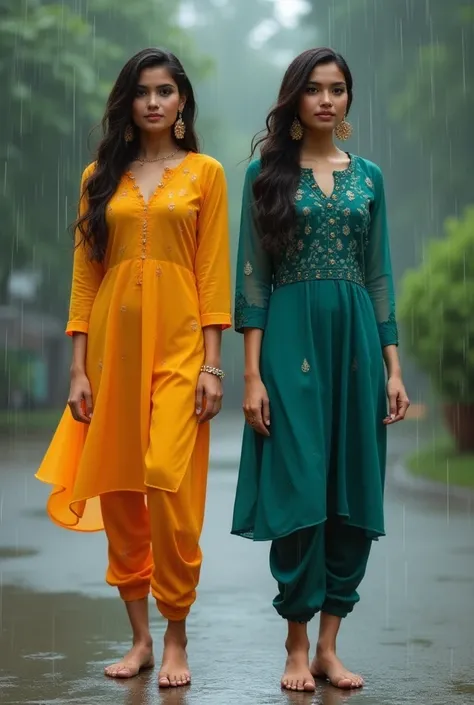 Two Pakistani models, around 18 years of age, with feet standing outside in rain. All are wearing stilettos, tight traditional short kurtis, and tight leggings.  Full length picture of them standing together.  Stilettos must be visible. Small breasts. Larg...