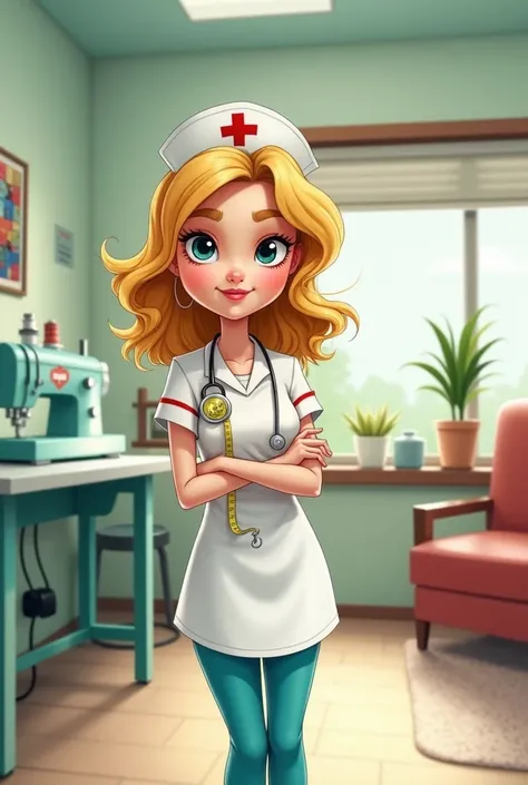 cartoon background of a clinic whose nurse is a blonde with wavy hair who has a sewing tape around her neck and a sewing machine in the waiting room