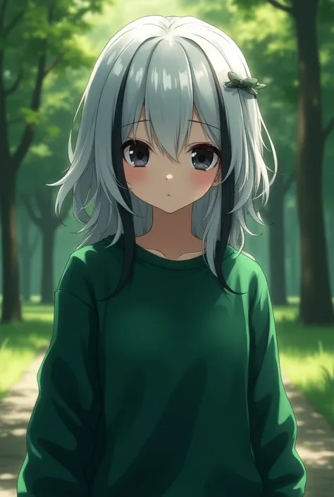   anime character with black eyes ,  white hair and black locks and a green sweatshirt. The background is a park .