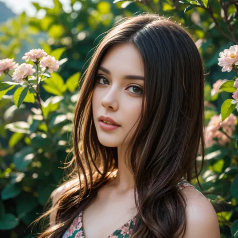 extremely detailed face, long brown hair, stylish clothing, confident expression, standing in a vibrant garden, surrounded by colorful flowers and green foliage, with sunlight illuminating her from behind, creating a soft and warm atmosphere, portraying he...