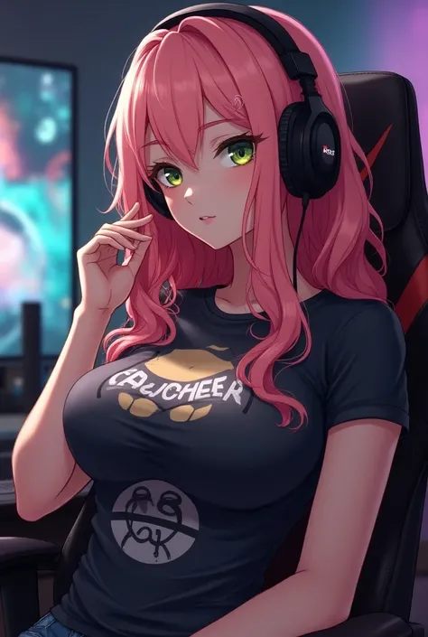  beautiful girl with green eyes ,  pink and wavy blonde hair ,  with tight anime-themed t-shirt, with big bust,  sitting in the gamer chair , with headphones on the ears , real person, with a provocative attitude, perfect measurements, ultra resolution , u...