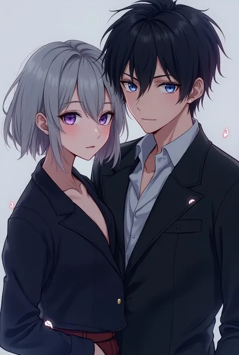 Anime girl short grey hair violet eyes cool style age 17+ and boyfriend black hair skyblue  eyes so cool guy