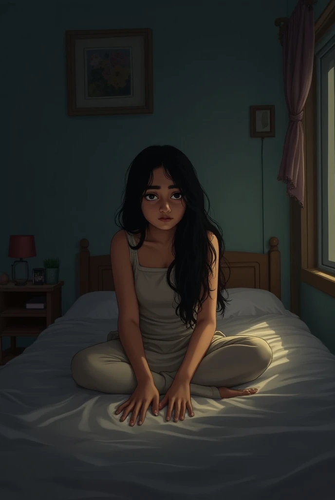 Illustrate a quieter, more introspective moment in Shrileela’s room. Shrileela, a beautiful and matured girl, sits on her bed, looking concerned as she overhears her relatives voices from outside the door. Her long dark hair falls around her shoulders, and...