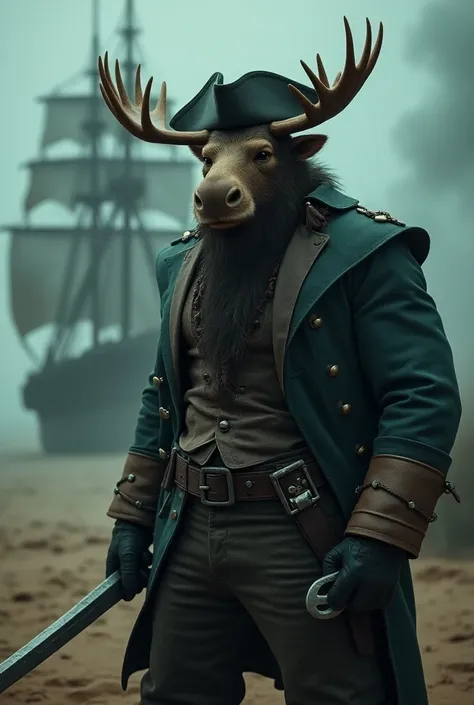  Create a cinematic poster featuring photorealistic portraits of clothed animals - a ((gordo)) Pirate moose,,  wearing pirate costume and pirate hat , with a serious expression, intense expression,  It should be slightly off-center in the composition ,  Th...