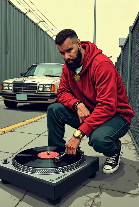  A white man with a beard and a short haircut fading  , wearing a red sweater , hoodie,  crouched with a huge record player and a gold watch , 90s style,  street angle looking at the sidewalk ,  the guy on a sidewalk street with a retro Mercedes car from t...