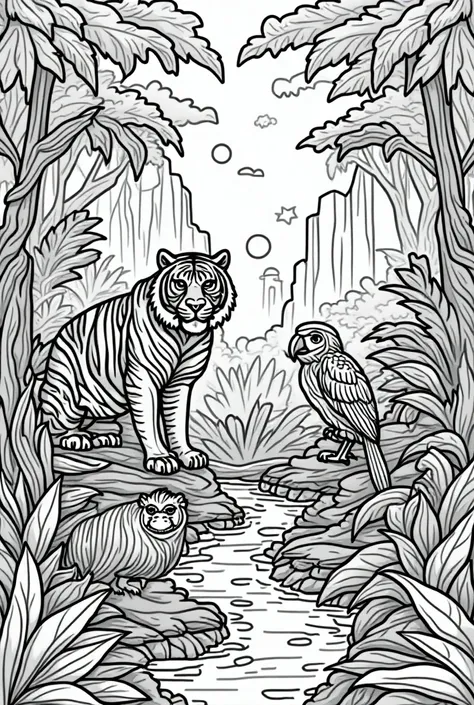 A coloring page of jungle animals