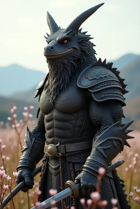   Imagine a Komodo dragon transformed into a humanoid Viking warrior ,  with dark scales that shine under the Eastern Sun .  He has a helmet with curved horns and a thick beard that goes down to the chest .  His sharp claws hold a Viking katana forged with...