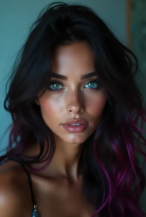 Full image photo in 8HD realistic smog effect of a beautiful latina woman with raven black hair with fuchsia highlights, big and bright blue eyes, óculos com armação grossa preta e grandes lentes circulares.