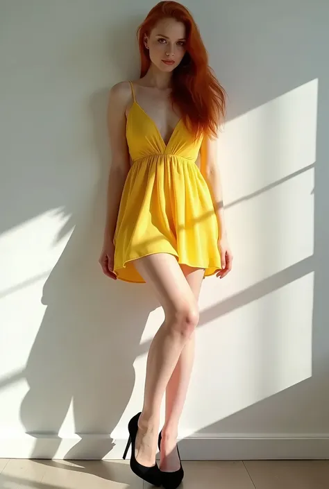 Professional Photo, 8k, RAW photography of Madelaine Petsch, full body shot, long ginger hair, posing sexy leaning on a white wall, shadow on the wall, wearing yellow chiffon light minidress, high heel shoes, the dominant colors are grey, white, and black,...