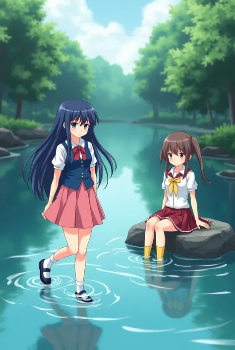 Anime 2 girl in river with dripping wet clothes, one girl wading through deep river wearing with blue black long hair, white blouse with red ribbon, pink skirt, blue vest, white long socks dark blue mary janes, one girl sitting on rock in river,  feet in t...