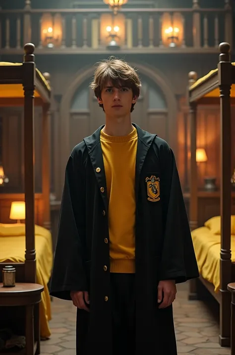 Draw a live-action photo of a 20-year-old man with little hair wearing a Hufflepuff in his Hogwarts dorm