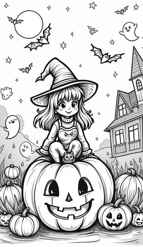 A black-and-white Halloween-themed coloring book cover featuring a cute  witch named Lila sitting on a large pumpkin with her black cat. They are surrounded by outlined jack-o-lanterns, friendly ghosts, and bats flying in the sky. In the background, there ...