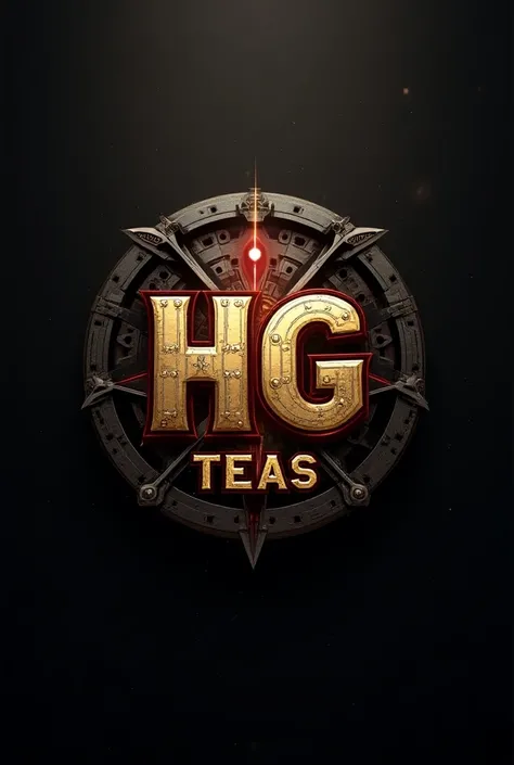 Create a logo with the name HG TEAS with an iron man background 