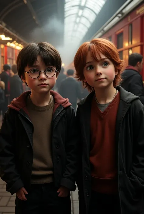 Daniel Radcliffe as Harry Potter wearing broken glasses, meets Rupert Grint as Ron Weasley  in the train to Hogwarts