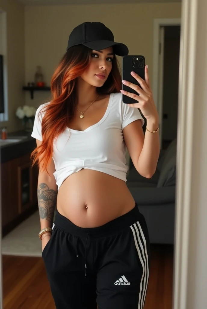 woman 30 years old Alexandra Gutiérrez long hair Orange mixed Black Highlights with gold accessories pregnant tattoos at home in the mirror taking a selfie with iPhone 13 white with white t-shirt and black Adidas sweatpants and cap