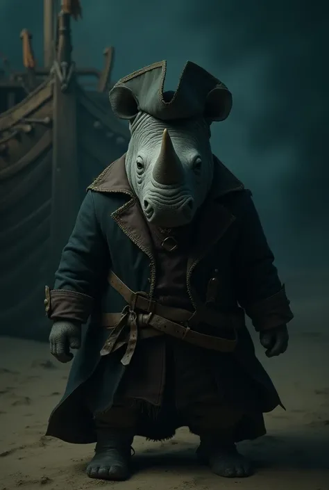  Create a cinematic poster with photorealistic portraits of dressed animals - a ((gordo)) Pirate rhinoceros,,  wearing pirate costume and pirate hat , with a serious expression, intense expression,  It should be slightly off-center in the composition ,  Th...