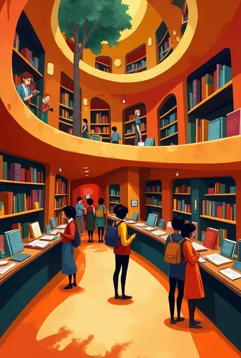 Make an image of a bookstore inspired by the works and colors of Tarsila do Amaral