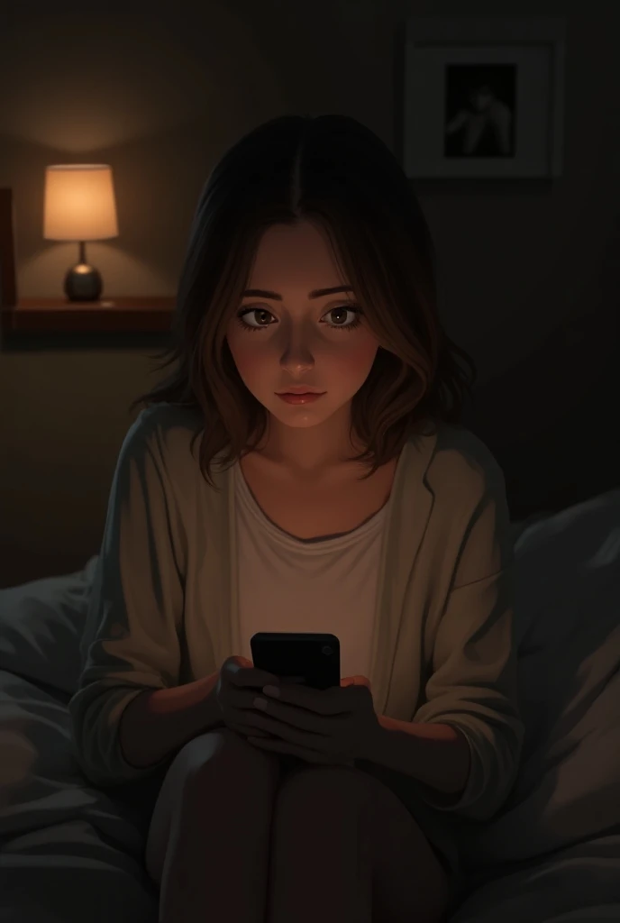 "Sofia, a young woman with medium-length brown hair, looks at her phone with surprise in the dimly lit room. Her casual, neutral-colored clothes blend with the soft lighting as she reads a message from a friend asking if she’s okay. Her slender figure rela...