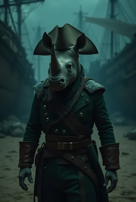  Create a cinematic poster featuring photorealistic portraits of clothed animals - a ((gordo)) Pirate rhinoceros,,  wearing pirate costume and pirate hat , with a serious expression, intense expression,  It should be slightly off-center in the composition ...