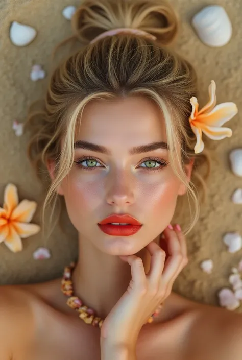 LaliEspósito Highlighter ,  a beautiful 20-year-old woman with Jet Blonde hair with high ponytail 
green eyed ribbon ,red lips, shiny white skin wet hair with lots of highlighter lying on the sand of a beach with shells and flowers around it professional p...