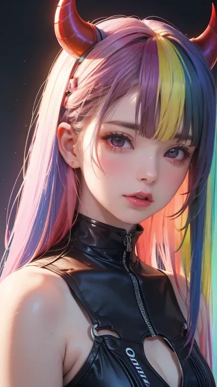 masterpiece,  Best Quality , ((8k, masterpiece, Original photo,  Best Quality , hyper-realistic, ( 1 girl , alone,  Electronic Girl , rainbow hair, Straight Hair, , Devil&#39;s Horns, Dog collars, Eyeliner, Mascara, Eyeshadow, smokey eye, Nose ring, Grin, ...