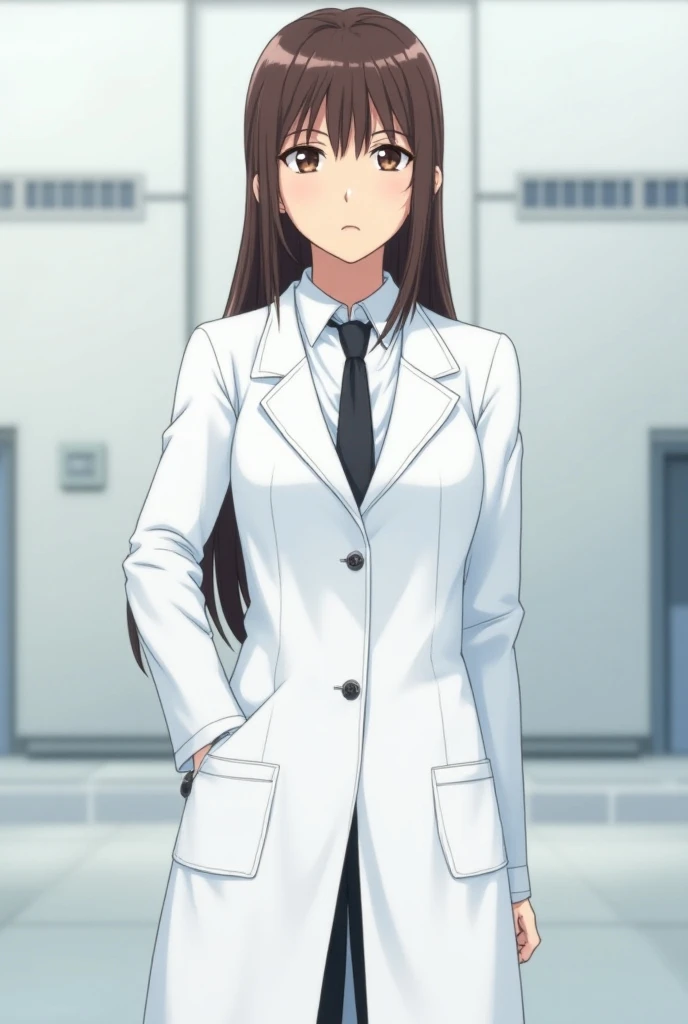 Create the anime image of a serious brown-haired woman in a white coat. Shes the head of an organization  