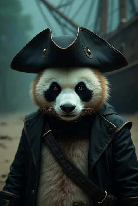  Create a cinematic poster with photorealistic portraits of dressed animals - a ((gordo)) Pirate panda,,  wearing pirate costume and pirate hat , with a serious expression, intense expression,  It should be slightly off-center in the composition ,  The bac...