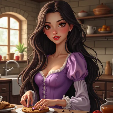 Drawing style, beatiful women, european features,brown-black hair long como el de RAPUNZEL, thick red lips, long eyelashes, beautiful detailed lips, extremely detailed eyes and face,
 Brown honey eyes, porcelain white skin, big breasts, con un traje de Rap...