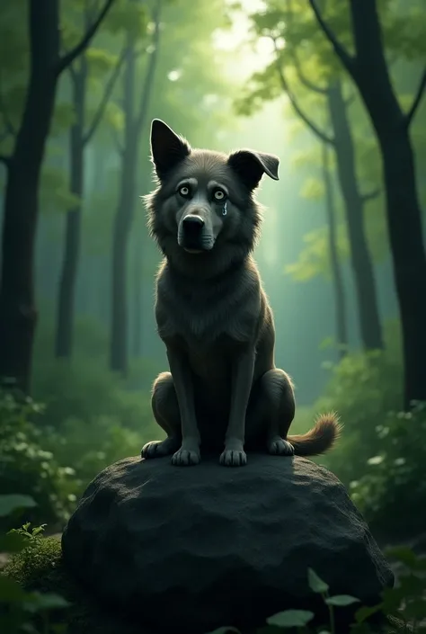 dog with a big tear in his eyes, sitting on a rock in the middle of the forest