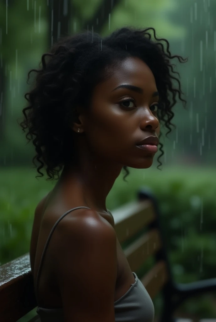 A sad pretty sexy black American girl on a bench and the background in rainy season and more trees around her like a park and quality, Realism, romanticism, Cinematography, High Resolution, 