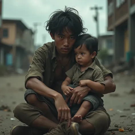 A malnourished young man with messy hair, ragged, dirty, sitting on a post-apocalyptic deserted street, sad holding a child, dystopian landscape, detailed portrait, 1 person, cinematic lighting, moody, dark, gritty, dramatic, highly detailed, photorealisti...