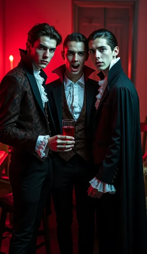 A photo of three young men wearing vampire costumes for Halloween. They have their mouths open as if they are about to bite someone. One of the vampires is holding a glass of red liquid. The background is a room with a table and chairs.