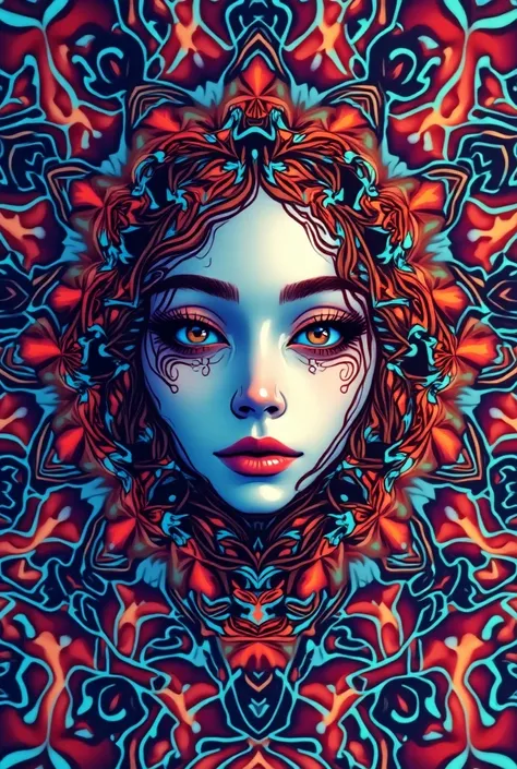 T-shirt with illustration of a beautiful woman blending into a geometric pattern, psychedelic illustration style, top quality image.