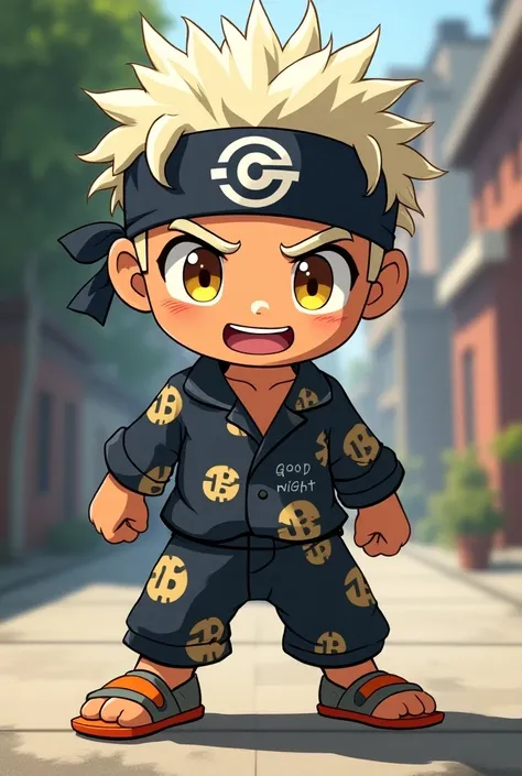  Full scene of a stylized anime character ,  probably from a game or manga .

 The character is a young man .  His skin tone is a light bronze color .  He has short hair , spiky, light blond/gray, coberto por uma faixa com um símbolo ninja estilizado em gr...