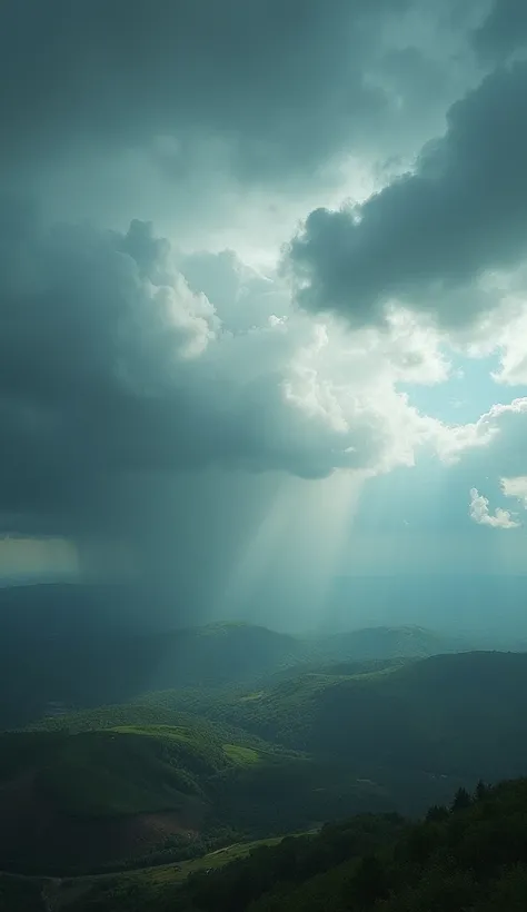 "Verse 48 of Sura 25  (Al-Furqan). Un ciel nuageux avec des vents doux soufflant, transportant des nuages lourds de pluie.  Show signs of the approaching rain ,  symbolizing divine mercy . Le paysage est rafraîchi par la brise. Inclure le verset en calligr...